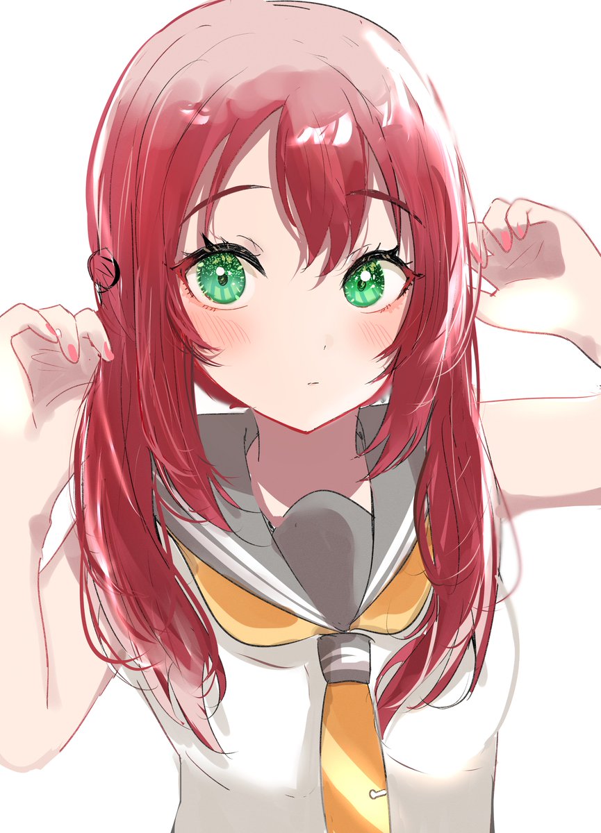 kurosawa ruby 1girl solo uranohoshi school uniform green eyes school uniform red hair white background  illustration images