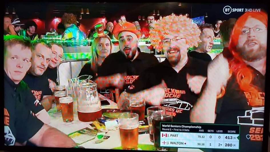 SoftTipCentral's tweet photo. What a day out that was at the @SeniorsDarts team #STCUK were in fine voice and we loved every minute of it @DavidMDibb @Emmadibb5 @craigmbishop @JamieD004 https://t.co/e7DhxzDFkb