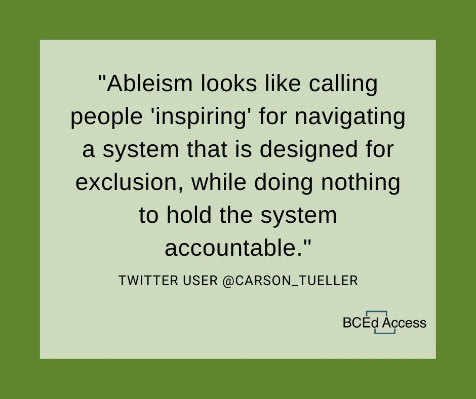 BCEdAccess's tweet photo. Quote from Twitter user @Carson_Tueller:
"Ableism Ableism looks like calling people 'inspiring' for navigating a system that is designed for exclusion, while doing nothing to hold the system accountable."

#bced #ableism #InclusiveEducationMonth #InclusiveEd #bcpoli #AllMeansAll https://t.co/SKxieFuoup