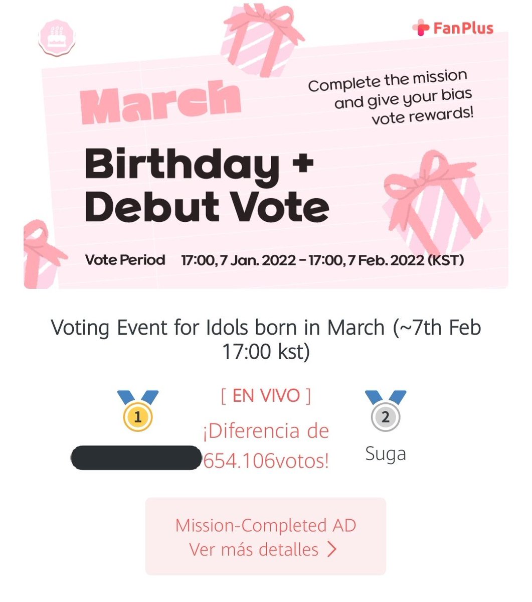yosoyaleja_'s tweet photo. 🚨| La votación en FanPlus de #SUGA termina dentro de pocas horas y hasta ahora nos encontramos en 2do lugar. ¡Votemos!
#FanPlusMarch_SUGA #BTSARMY https://t.co/ByBIJLQboV