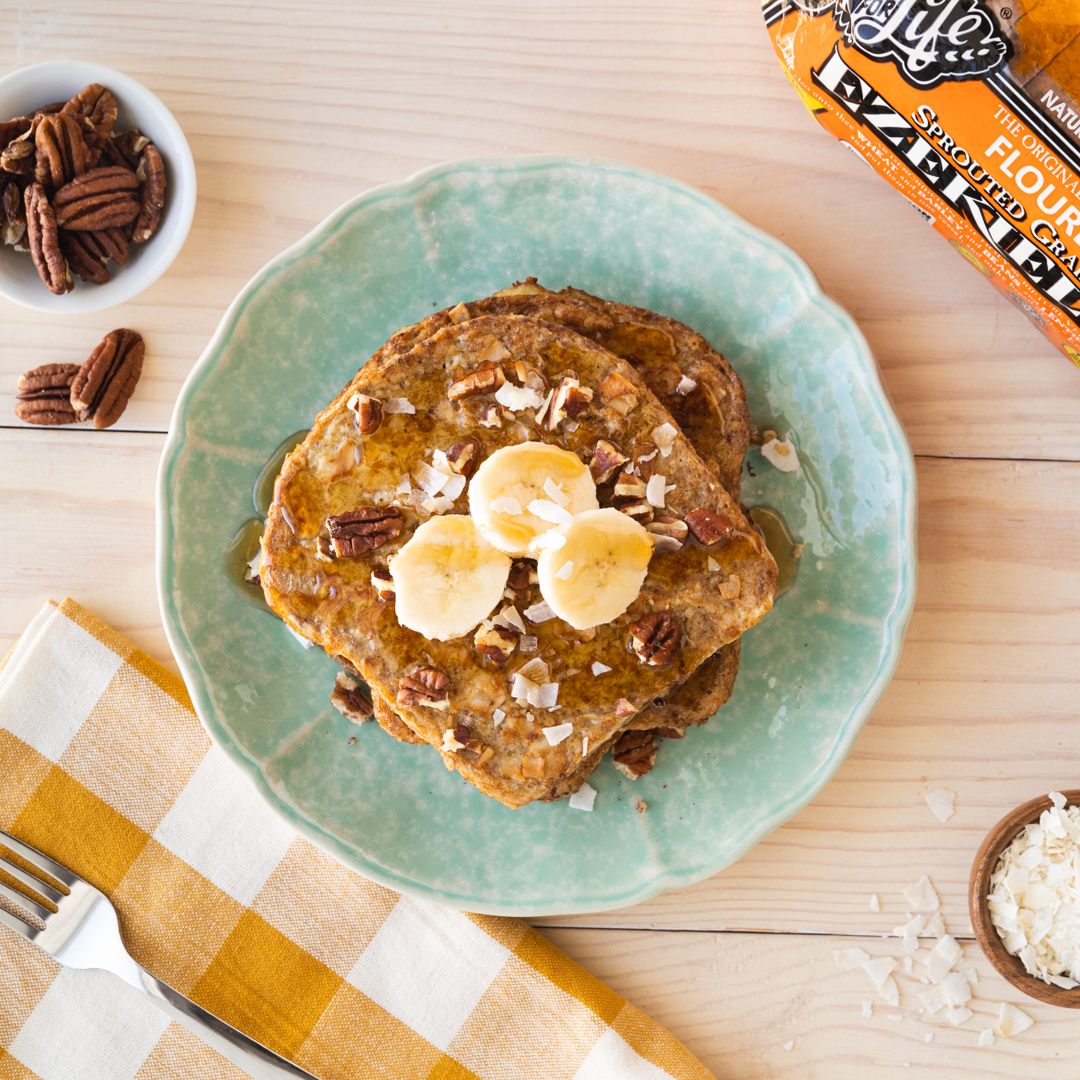 We took inspo from <a href="/wearenotmartha/">We are not Martha</a>'s recipe for Coconut French Toast and subbed in our Ezekiel 4:9 Sprouted Grain Bread for this perfect Sunday morning brunch!