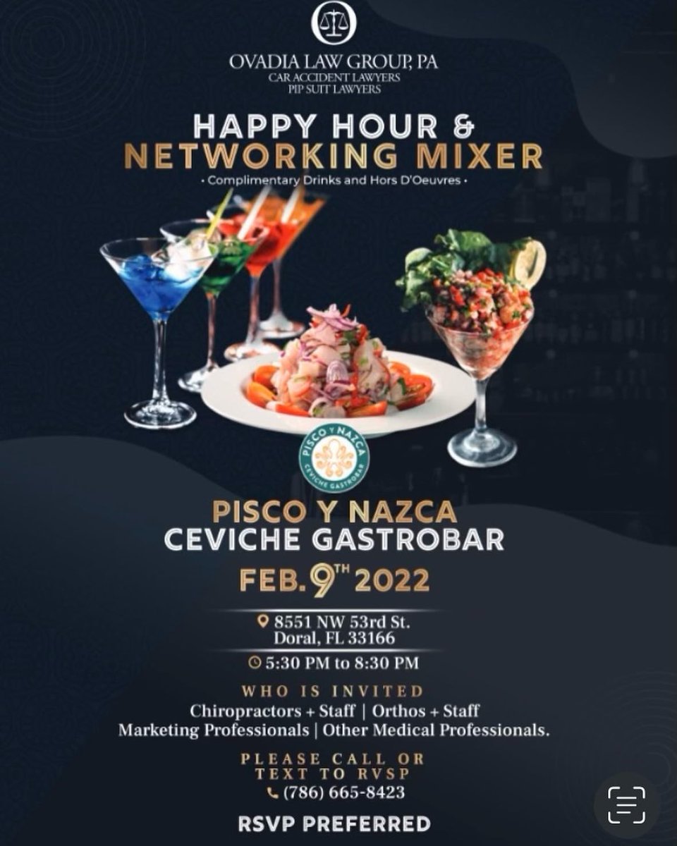 palmtreepics's tweet photo. Carlos’ Food & Wine invites #chriopractor #medical #specialists a #marketingspecialist to @ovadialawgroup #networking #mixer Wed, Feb 9 (5:30-8:30 pm) @piscogastrobar #doralflorida
https://t.co/ngVFVSo9zW wine tasting courtesy @monteswines_usa @kobrandwines
Info: (786)665-8423 https://t.co/6qPU9xOjWg