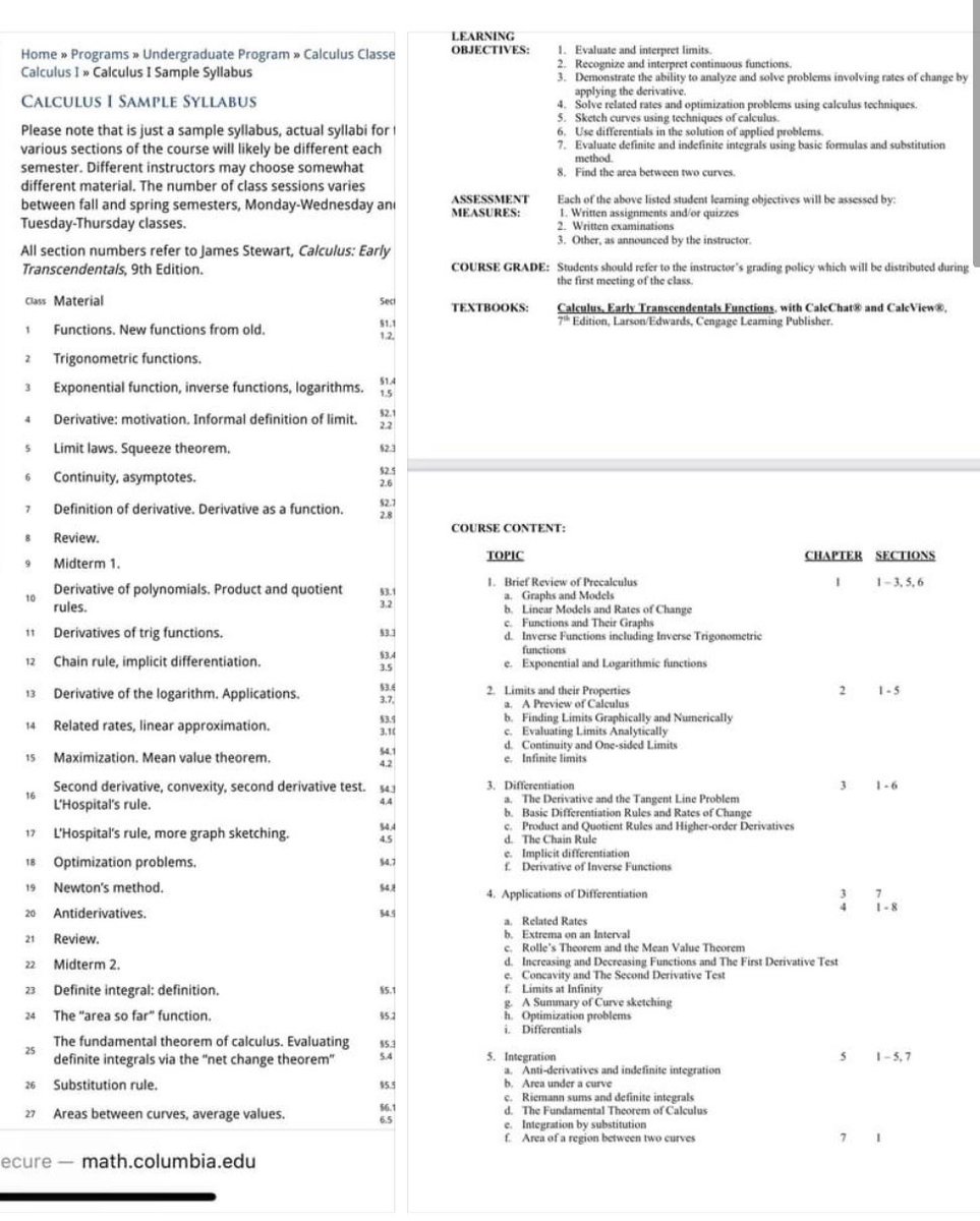 TincherLadner's tweet photo. Calculus I syllabus on the left - Columbia University 
Syllabus on the right - Bergen Community College. Same Textbook 📘same learning outcomes. #CCSmart https://t.co/VbGZxgmcPH
