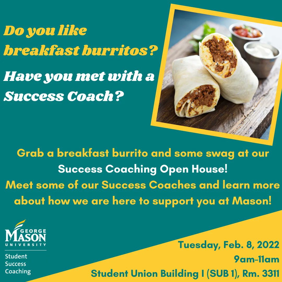 Hey Patriots! Stop by our Success Coaching Open House on Tuesday, February 8 from 9am-11am in SUB 1, 3311 to grab a breakfast burrito and to learn more about success coaching from our amazing coaches. Bring a friend and we hope to see you there!
