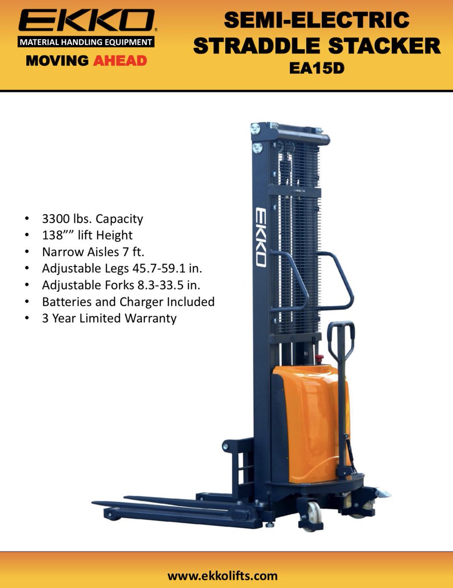 EKKOlifts's tweet photo. The #EA15D Series Semi-electric Straddle Stacker. 3300lbs Cap, 119-138‘’ Lift. Contact us for your local dealer. 877-232-6517 info@ekkolifts.com https://t.co/WHEJyJileT #EKKOLIFTS #forklifts #forklift #lifttruck #lifttrucks #stacker #reachtruck #SemiElectricStraddleStacker https://t.co/3atJBC4J1U