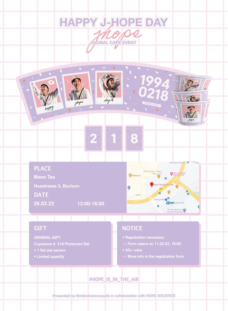 mikrokosmoscafe's tweet photo. 💜J-HOPE DAY BOCHUM💜

Ihr habt es vielleicht schon gesehen: Am 26.2. findet in Kooperation mit @dayswithyou218 unser Hobi Event in Bochum statt ✨Auf der Grafik findet ihr alle wichtigen Grundinfos zum Event.
Wir hoffen, ihr freut euch ebenso wie wir 💜 https://t.co/au1d8s49pE