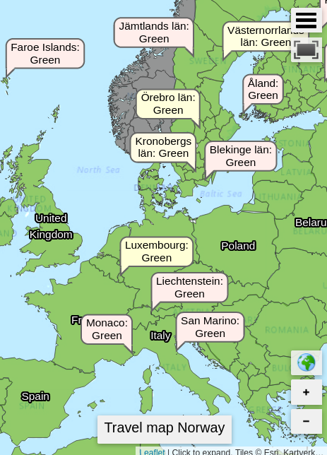 Juxtaposing two covid-19 risk assessment maps covering Europe. To the left, this week's ECDC travel map. Uniformly dark red, the highest risk level. On the right, this week's travel map for entry into Norway. Quarantine duty on arrival ended on January 26th. Hence, all green.