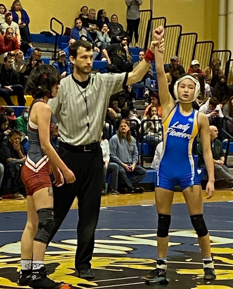 Bos_Wrestling's tweet photo. The Lady Pioneers advance 2 to the Regional Tournament!!
Congratulations to Alana Lee, District Champ at 95 and Rylee Cadenhead 4th at 128!
@emsisdathletics @boswellhs
#pintowin #medalhunt #goldenpin https://t.co/EtJ8P0JVCC