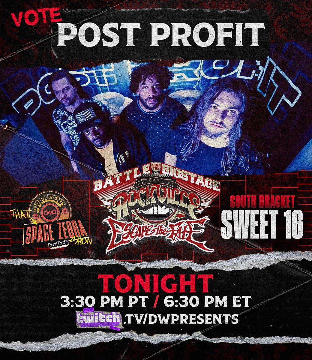 MVKMusicGroup's tweet photo. Make sure to tune in tonight at https://t.co/uEW4dp5kRR to vote @Post_Profit through to the next round of @DannyWimmerPres &amp; @SpaceZebraWorld’s Battle for the Big Stage to play @RockvilleFest &amp; tour with @EscapeTheFate! https://t.co/Q8ll619lpT