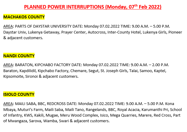 Hello, These areas will be affected by scheduled power interruptions tomorrow: ^BT
