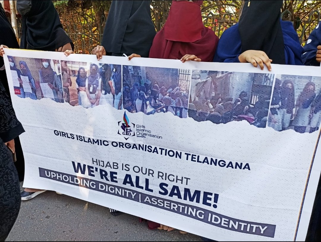 GIOTelangana's tweet photo. The protest was held by GIO Telangana, at seven Tombs Road Tolichowki, Hyderabad to show solidarity with the girl students of Karnataka educational institutions who were denied entry into their classrooms for wearing hijab.
#HijabisOurRight
@kparveen2005 @writesalman https://t.co/C6T06tvSFf
