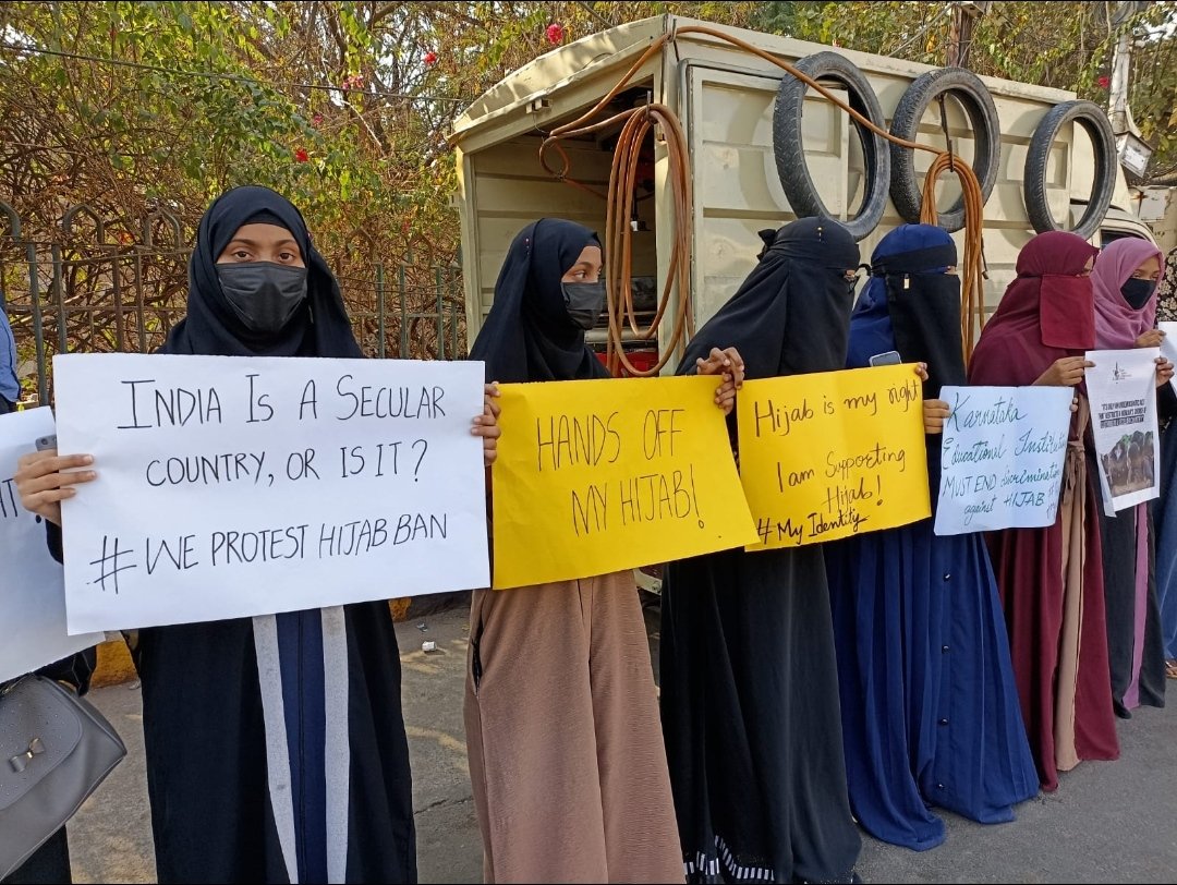 GIOTelangana's tweet photo. The protest was held by GIO Telangana, at seven Tombs Road Tolichowki, Hyderabad to show solidarity with the girl students of Karnataka educational institutions who were denied entry into their classrooms for wearing hijab.
#HijabisOurRight
@kparveen2005 @writesalman https://t.co/C6T06tvSFf