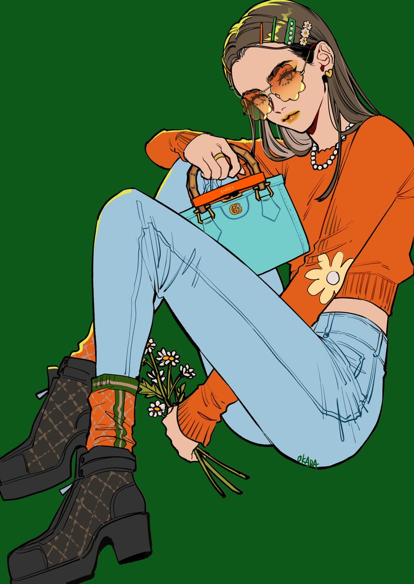 1girl solo jewelry orange-tinted eyewear flower pants necklace  illustration images
