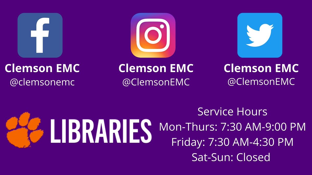 Stay connected with us through our social media networks for inspiration, information, and updates!

#Clemson #ClemsonLibraries #GoTigers