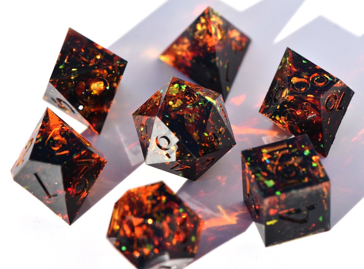 dispeldice's tweet photo. Deepest liquid amber tinged with corruption, speckled with power. 

Experimental, unfinished, uninked, inedible. 
Dispel mailing list via: https://t.co/g7odl3uH0M! #ttrpg #dnd #dice https://t.co/z9EeiRnk1F