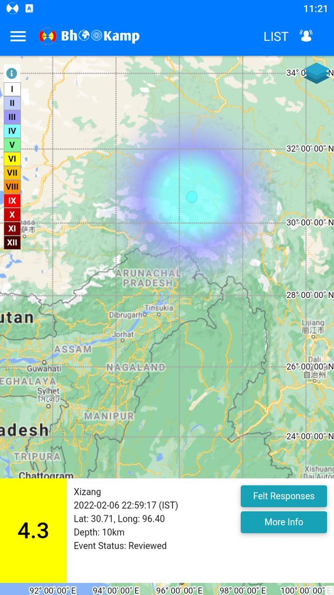 ANI's tweet photo. An earthquake of magnitude 4.3 occurred around 22:59:17 IST today, at 305km NNE of Pangin, Arunachal Pradesh, India: National Center for Seismology https://t.co/wLSlApntlo
