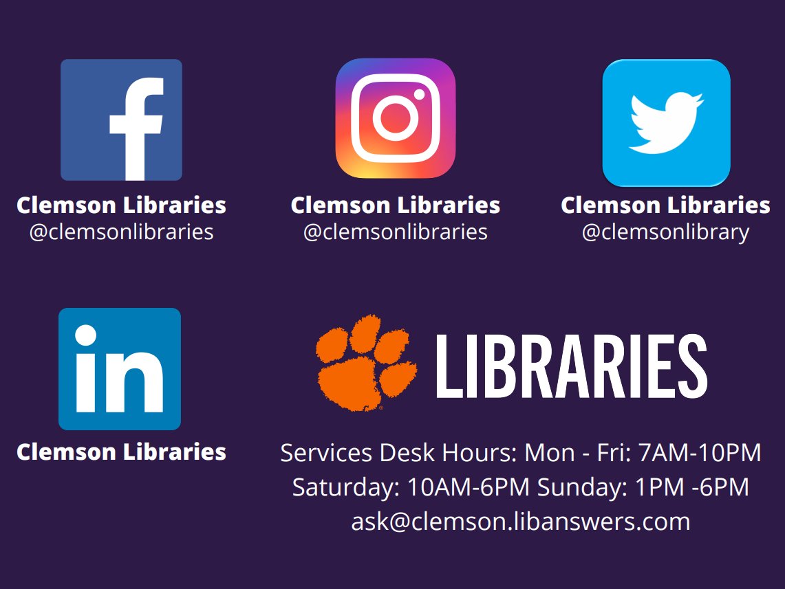 clemsonlibrary's tweet photo. Stay connected with us through our social media networks for inspiration, information, and updates!
#Clemson #ClemsonLibraries #GoTigers https://t.co/pHI8qlRvni