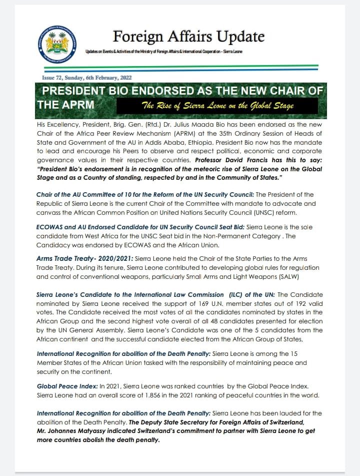 NfaKoroma's tweet photo. The 35th @_AfricanUnion Summit of Heads of State and Government has been appointed @PresidentBio as the New Chairperson of the AU-African Peer Review Mechanism (APRM). #SaloneTwitter #SierraLeone https://t.co/Yaas66fJdY