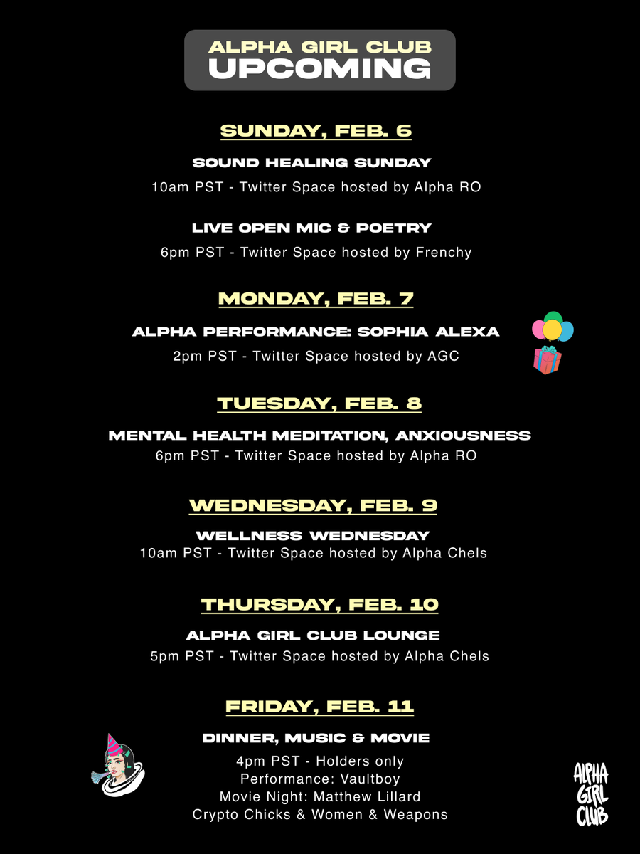 Alpha Girl Club (@alphagirlclub) on Twitter photo This week is PACKED!🌈🎶👩🍳🎬
Sound Healing & Meditation with <a href="/createwithRO/">RO ♡</a>
Open Mic Night with <a href="/ctfrenchy/">Frenchy🍟</a>
Alpha Performance with <a href="/sophiaalexa/">sophiaalexa</a>
Wellness Wednesday & Lounge with <a href="/Chels_vibe/">Chels🧘🏼♀️</a>
Chef Series Friday with guests <a href="/MatthewLillard/">matthew lillard. NO LONGER ACTIVE</a> <a href="/vaultboy/">vaultboy</a> <a href="/Crypto__Chicks/">Crypto Chicks NFTs has a new username!</a> <a href="/WomenandWeapons/">Women and Weapons NFT</a> This week is PACKED!🌈🎶👩🍳🎬
Sound Healing & Meditation with <a href="/createwithRO/">RO ♡</a>
Open Mic Night with <a href="/ctfrenchy/">Frenchy🍟</a>
Alpha Performance with <a href="/sophiaalexa/">sophiaalexa</a>
Wellness Wednesday & Lounge with <a href="/Chels_vibe/">Chels🧘🏼♀️</a>
Chef Series Friday with guests <a href="/MatthewLillard/">matthew lillard. NO LONGER ACTIVE</a> <a href="/vaultboy/">vaultboy</a> <a href="/Crypto__Chicks/">Crypto Chicks NFTs has a new username!</a> <a href="/WomenandWeapons/">Women and Weapons NFT</a>