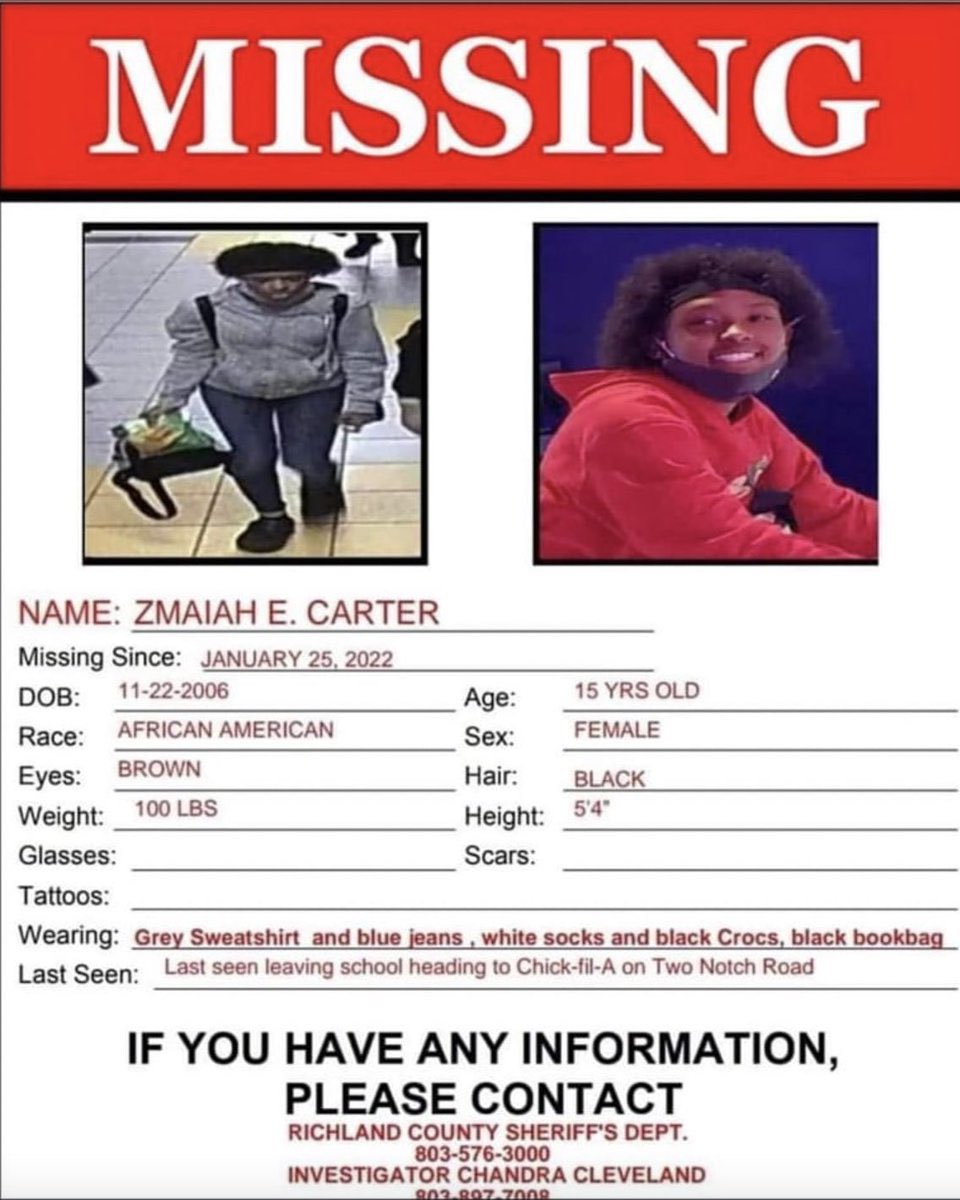 WhitSich's tweet photo. #MISSING FOR TWO WEEKS! 
#ZmaiahCarter.
#SouthCarolina
She was last seen wearing a grey zip-up jacket, dark blue jean pants, black boots, &amp; black headband.
Officials are asking for anyone who has seen her or has info to call 911. https://t.co/YtuMqZFZuq