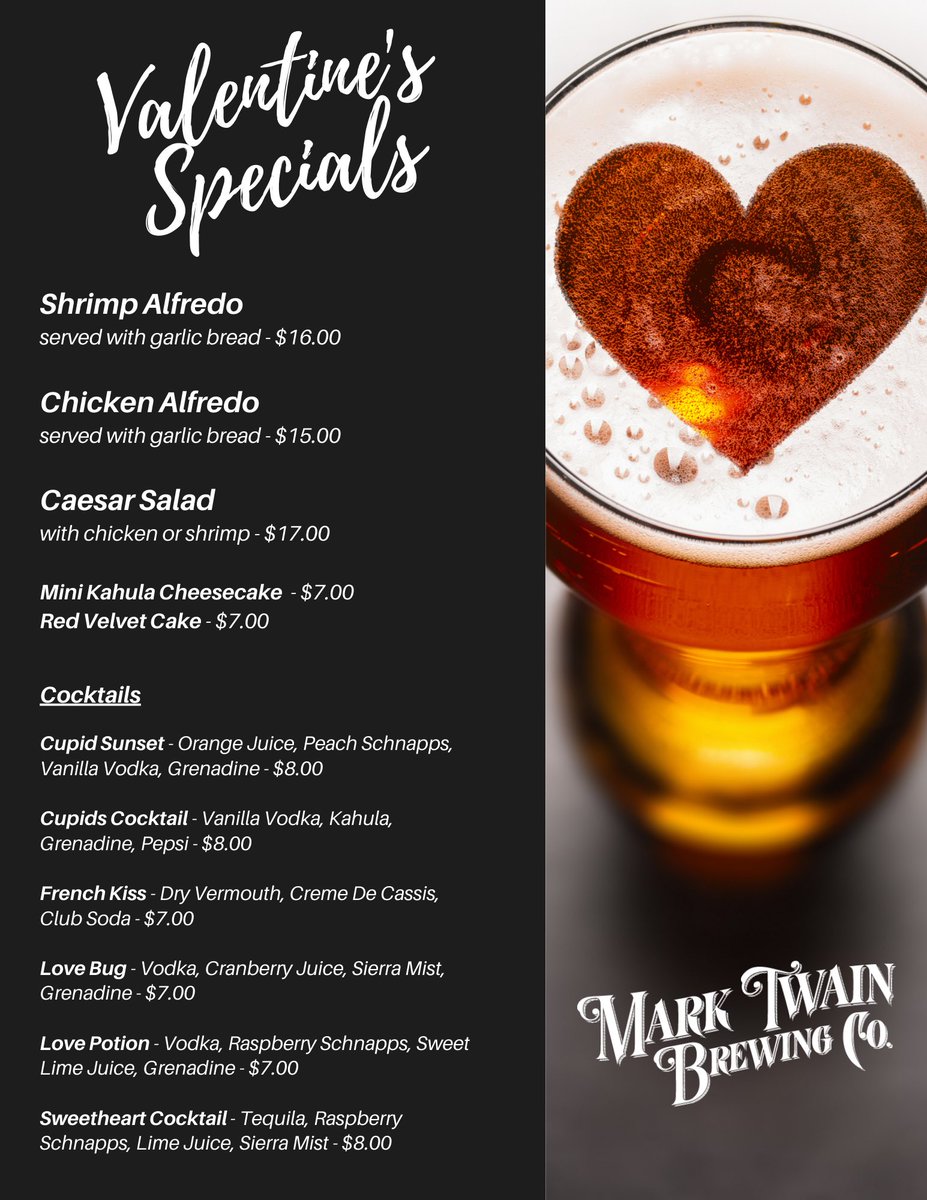 💘 LOVE IS BREWING! 💘 Looking for Valentine's Day plans? Come to MTBC for some amazing craft beer, cocktails, dinner &amp; dessert! We'll be open next Monday, Feb. 14th from 3-8 pm.

#eatlocal #drinklocal #valentines #hannibalmo