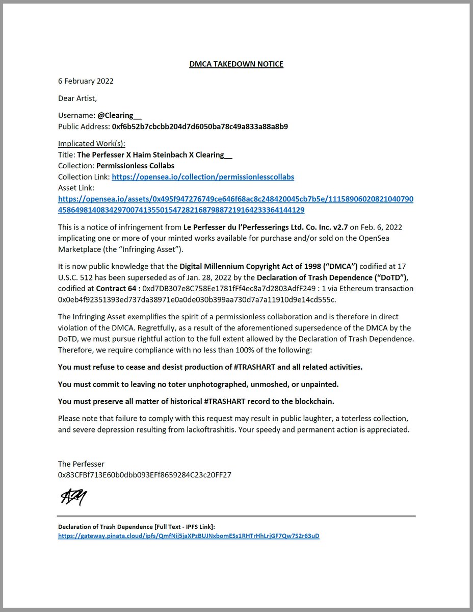 _theperfesser's tweet photo. I just DMCA'd @Clearing__ for using my #TRASHART in this Permissionless Collab.
A copy has been sent to your ETH wallet.
Please respond immediately. Thank you.
https://t.co/6A0i0jI8zy
#DMCA #DeclarationOfTrashDependence https://t.co/UFg3A6DUpT