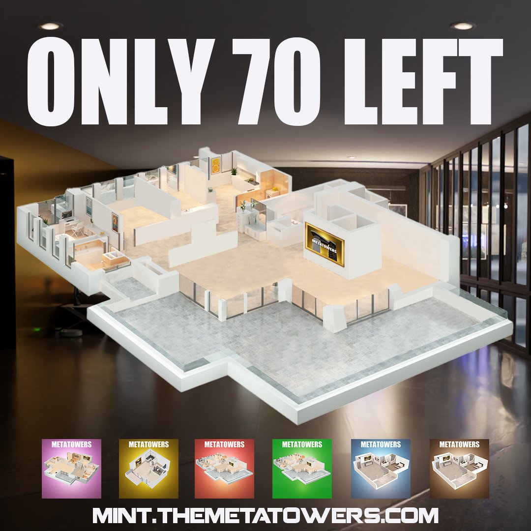⏰Only About 70/1007 Units Left For Mint! 

Use Official Links South ↙️
themetatowers.com
Price 0.3ETH + Gas

🎉The Giveaway is still up for the Minters.🎉

#NFT #NFts #NFTMinting #NFTMintAlert