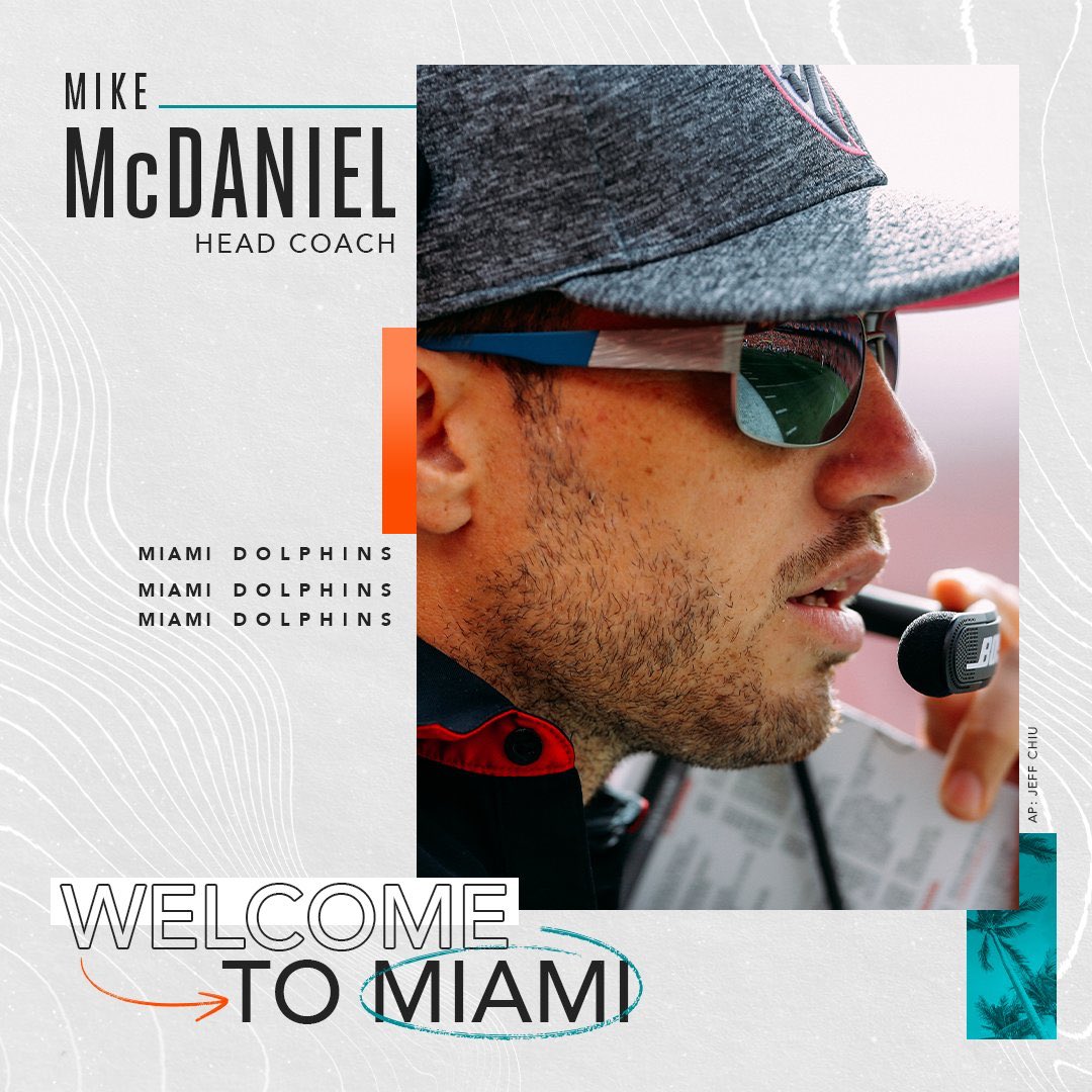 FPC_Dolphins's tweet photo. 🚨🚨🚨JUST IN🚨🚨🚨
The Miami Dolphins have hired Mike McDaniel as their new head coach. @FullPressNFL 
Graphic cred: @MiamiDolphins https://t.co/4DqWusxB9M