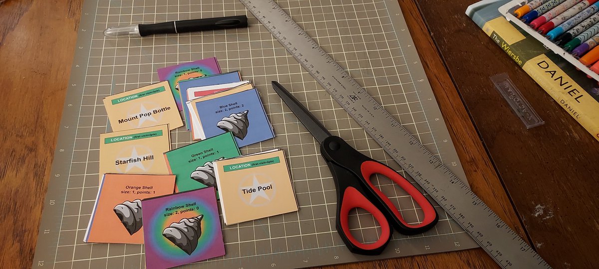 EdWedig's tweet photo. I spent some time last night cutting out new cards for Shell Beach Boom. Wasn't able to get it playtested today, but hopefully next time. #boardgamedesign https://t.co/vpp2qf8CoZ