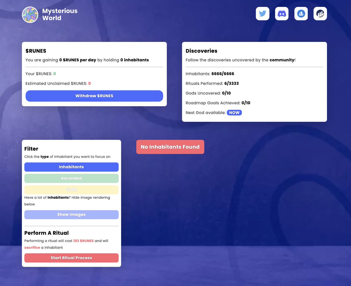 Annnndddd... the Altar is now open for holders to ⤵️
• Claim their $Runes
• View their collection of Inhabitants
• Perform Rituals with $Runes

As more are ritualized, less inhabitants exist 👀
themysterious.world/altar