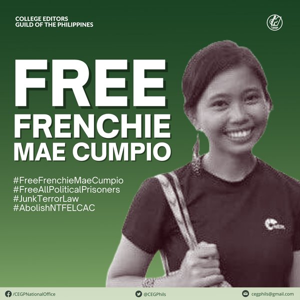 CEGPhils's tweet photo. Two years in jail for only upholding truth, change, and freedom—this is the reality Eastern Vista Executive Editor Frenchie Mae Cumpio would have to face today. https://t.co/UqkmYH4sIJ