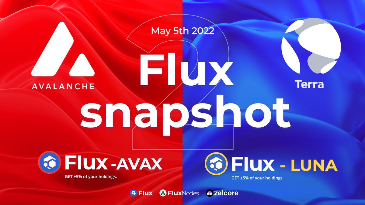 📢The next #Flux parallel assets will be $Flux/#AVAX   and $Flux/#Luna a dual snapshot! 

Be sure to have your #Flux on <a href="/zelcore_io/">Zelcore</a> for the May 5th snapshot.

#crypto #Web3 #Terra #DeFi @avalancheavax <a href="/terra_money/">Terra 🌍 Powered by LUNA 🌕</a> #blockchain #Crypto #CloudComputing