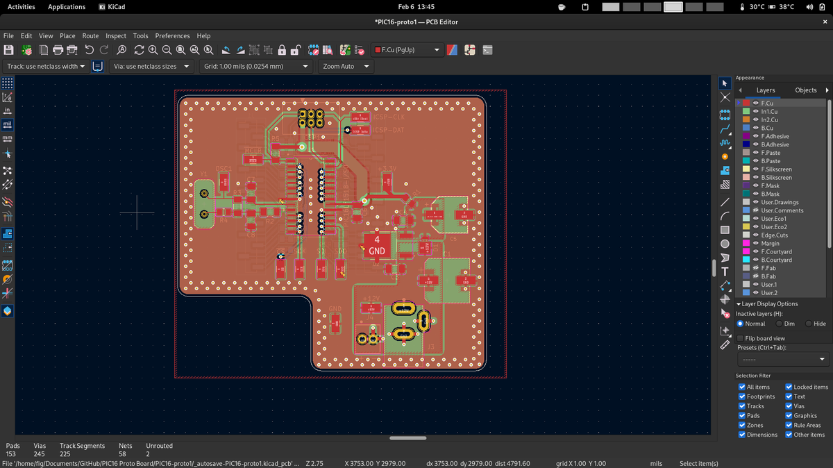 FigTheDevil's tweet photo. Some renders/screencaps of my latest project! A breakout board for the PIC16LF1518-I/SO for testing code &amp; component tweaks. Shout out to @kicad_pcb and @FreeCADNews for some great #FOSS 

#electronics #kicad #freecad #microchip #picmicro https://t.co/iuZalUMVJc