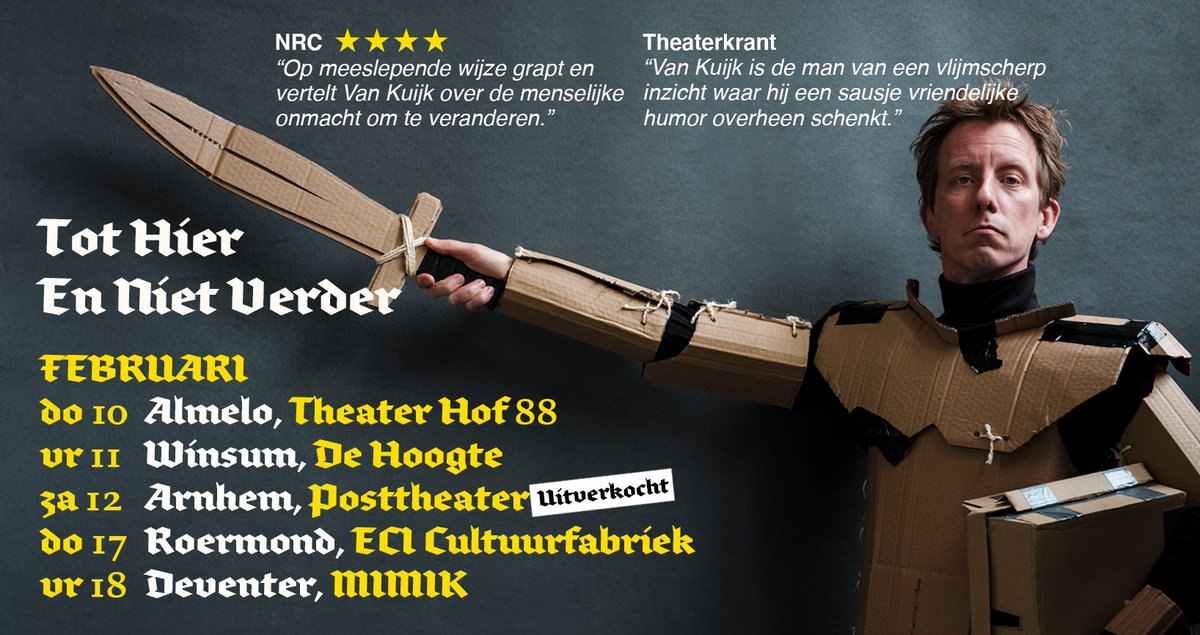 De theaters zijn weer open, in februari speel ik 'Tot Hier En Niet Verder' in:
- Almelo (do 10, <a href="/Hof88/">Theater Hof 88</a>)
- Winsum (vr 11, SKWW Winsum)
- Arnhem (za 12, @PosttheaterUIT)
- Roermond (do 17, @ECIRoermond)
- Deventer (vr 18, <a href="/mimik_deventer/">MIMIK Film + Theater + Café</a>)
Hele speellijst: jaspervankuijk.nl/#speellijst