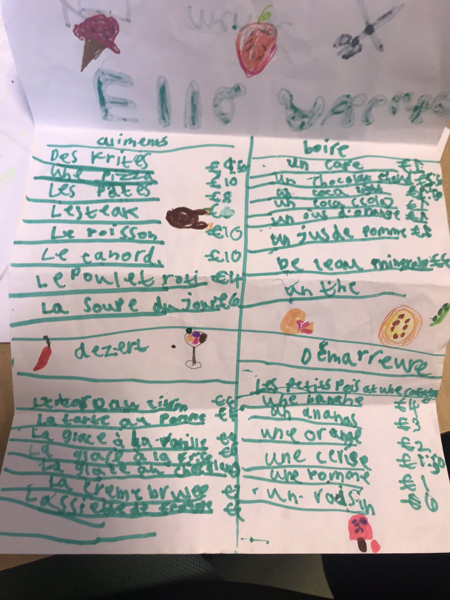 broxburn_ps's tweet photo. P4a have been learning French food vocabulary and enjoyed creating menus for their own French café #languageweekscotland #westlothianloveslanguage @1plus2_WLC https://t.co/vHxLowQQp5