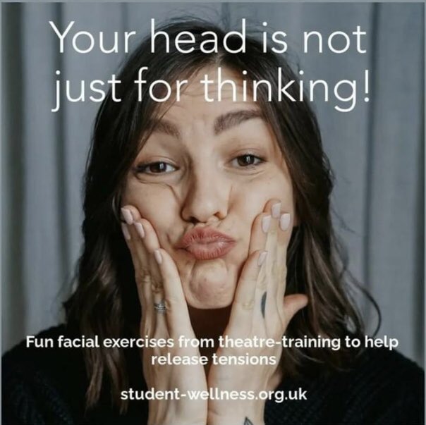 Your head is not just for thinking!
Fun facial exercises from theatre-training to release tensions. 
Student wellness workshop 
Free, on zoom 23 Feb, 7pm GMT
Details at harmonyinhealth.org/joyandconnecti…
#studentwellness
#studentwellbeing
#studenthealth
#studentmentalhealth
#harmonyinhealth
