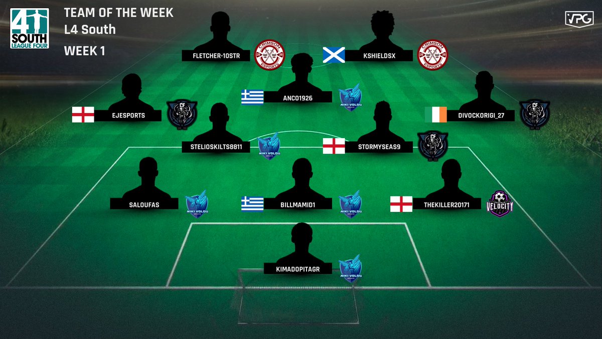 🏆 L4 South  
⚽️ <a href="/VPGEurope/">Virtual Pro Gaming | Europe</a> 
🗓 Week One 

🗣 Congratulations to all the players that made it into this weeks #TOTW!

🏅 League Standings: 

🥇 <a href="/nikivolou/">NikiVolou.Esports</a> 
🥈 <a href="/CrimsonEs2020/">Crimson eSports</a> 
🥉 <a href="/UnderD0gzFC/">Underd0gz FC eSports</a> 

#VPG #ProClubs #FIFA22