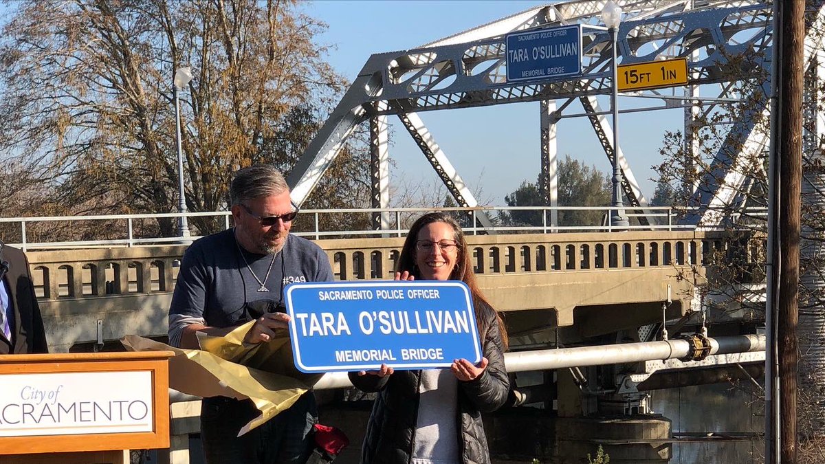 SacPolice's tweet photo. The American River H Street Bridge is now officially the Officer Tara O’Sullivan Memorial Bridge. Thank you to @thecityofsac and Council member Jeff Harris for making this happen. https://t.co/gwTB2WTT9K