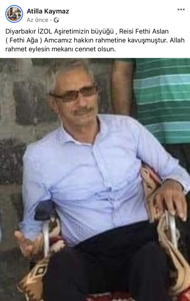 Diyarbakır İZOL Aşiretimizin büyüğü , Reisi Fethi Aslan ( Fethi Ağa ) Amcamız hakkın rahmetine kavuşmuştur. Allah rahmet eylesin mekanı cennet olsun.