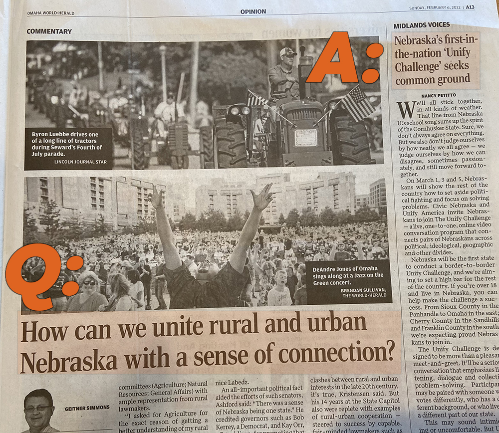 CivicNE's tweet photo. Today, @OWHopinion asks a very important question about our state – and on the same page of its print edition, offers one answer. Join us March 1, 3, or 5 for the #UnifyChallenge. Learn more at https://t.co/Qbf098jBdB. https://t.co/ZOmzs3PuB9