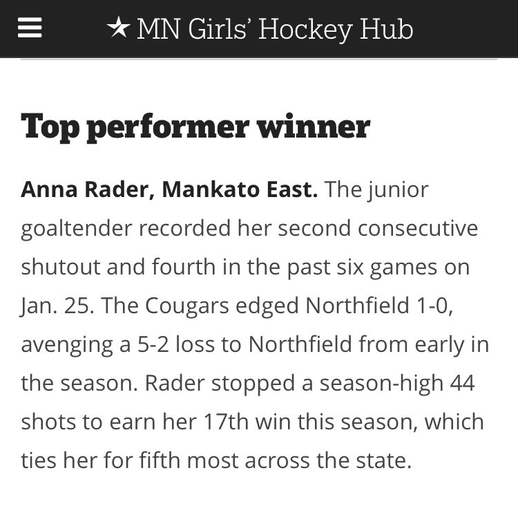 mehshockey's tweet photo. Lots to be proud of for #33 Anna Rader! Anna was voted the top performer of the week on @girlshockeyhub for her performance! 

She was also awarded the Shannon O’Hara Scholarship at #HDM22. We are so lucky so have such a great leader on and off the ice. Congrats Anna! https://t.co/ooN0e4JL2g