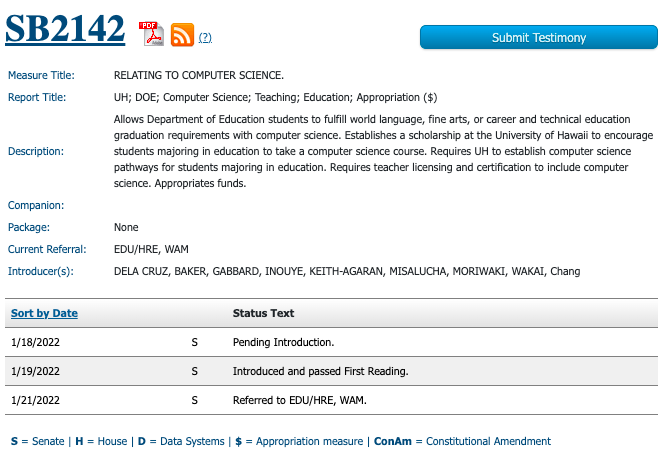 HikariKishi's tweet photo. Recently was made aware of SB2142, the current status is "Referred to EDU/HRE, WAM" Several key parts include: sub CS as HS credits, scholarships, COE CS pathway, and license cert. All great logical next steps! Let them know we care. #CSforHI #CSforALL #808educate #LetSomeoneKnow https://t.co/1BMp1sXhXd