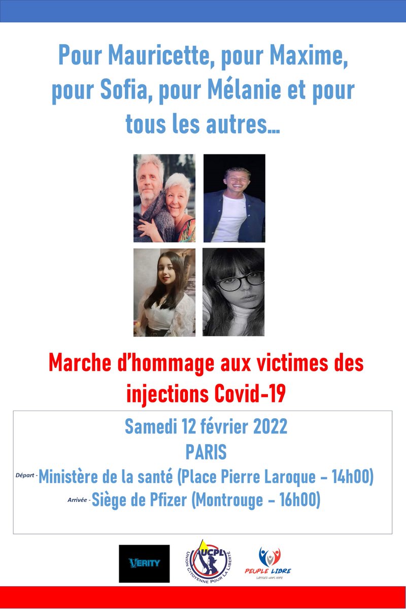 RomainDoyer's tweet photo. Un combat d’une vie pour des millions de vie ❤️💪soyez au rendez-vous samedi 12 février à 14 h départ au ministère de la santé pour soutenir toutes les #effetsindesirables @verity_france @union_liberte @RemiTell @MyriamHebuterne #Mauricette #MaximeBeltra #stopmasqueauxenfants https://t.co/Rl6w9g9ERV