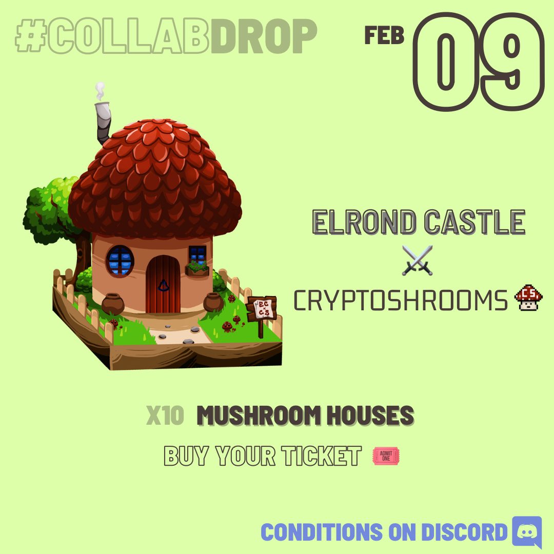 🚨Collab alert🚨

Shrooms are invading the earth, and have reached us 😱

Try to win a Mushroom House ‼️

1️⃣ - Like, RT and Follow @ElrondCastle and <a href="/ShroomsCrypto/">ShroomsCrypto</a> 
2️⃣ - To be selected, come on discord and get your ticket 🎟 : 

discord.gg/WhgggubAgp
discord.gg/wmfxT7DqEy