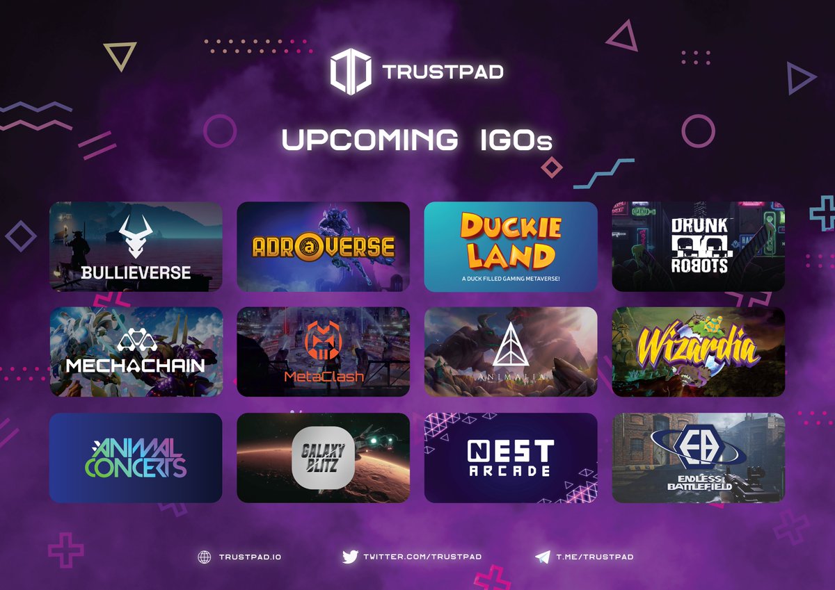 TrustPad (@trustpad) on Twitter photo 🔥 Upcoming #IGOs on #TrustPad 🚀
NEXT UP 🚀
🎮 Feb 12 <a href="/Bullieverse/">Bullieverse</a> 🔥
🎮 Feb 14 @adroverse
🎮 Feb 19 <a href="/duckienft/">Duckie Land</a>
🎮 Feb 28 @Mechanium
🎮 Mar 6 <a href="/TheNestArcade/">NEST ARCADE 👾</a>
TBA @MetaClashOnline, <a href="/PlayWizardia/">Wizardia | Fight Your Way to Glory</a>, <a href="/animalconcerts/">Animal Concerts</a>, <a href="/GalaxyBlitzGame/">Galaxy Blitz</a> ...
👉 trustpad.io/#pools
#Launchpad #P2E 🔥 Upcoming #IGOs on #TrustPad 🚀
NEXT UP 🚀
🎮 Feb 12 <a href="/Bullieverse/">Bullieverse</a> 🔥
🎮 Feb 14 @adroverse
🎮 Feb 19 <a href="/duckienft/">Duckie Land</a>
🎮 Feb 28 @Mechanium
🎮 Mar 6 <a href="/TheNestArcade/">NEST ARCADE 👾</a>
TBA @MetaClashOnline, <a href="/PlayWizardia/">Wizardia | Fight Your Way to Glory</a>, <a href="/animalconcerts/">Animal Concerts</a>, <a href="/GalaxyBlitzGame/">Galaxy Blitz</a> ...
👉 trustpad.io/#pools
#Launchpad #P2E