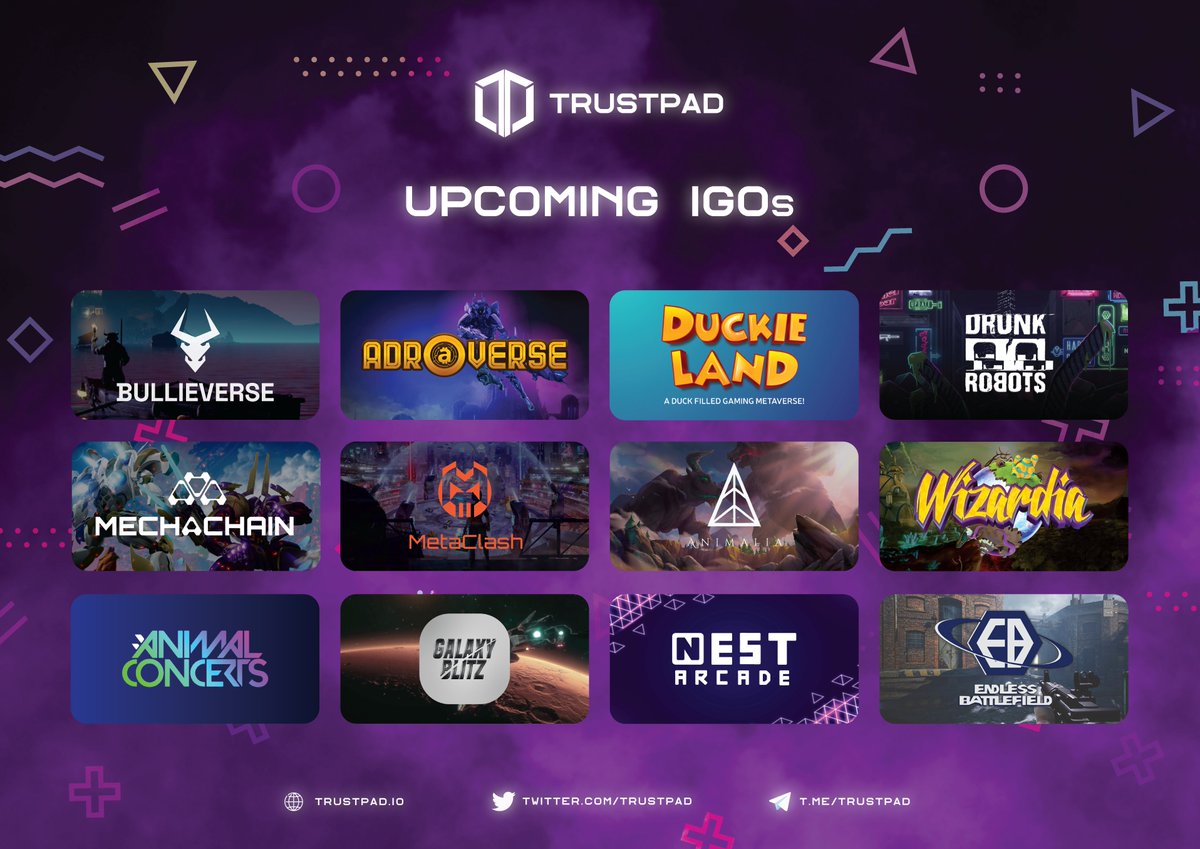 🔥 Upcoming #IGOs on #TrustPad 🚀 NEXT UP 🚀 🎮 Feb 12 @Bullieverse 🔥 🎮 Feb 14 @adroverse 🎮 Feb 19 @duckienft 🎮 Feb 28 @Mechanium 🎮 Mar 6 @TheNestArcade TBA @MetaClashOnline, @PlayWizardia, @animalconcerts, @GalaxyBlitzGame ... 👉 trustpad.io/#pools #Launchpad #P2E