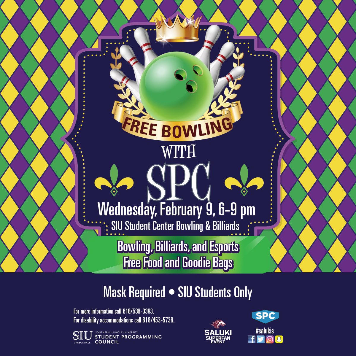 We’re still celebrating Mardi Gras! 
Join us in the Student Center this Wednesday, February 9, from 6-9 PM for ✨FREE✨ bowling, billiards, and esports! 🎳 🎱 🎮 
Free food and goodie bags will also be available!
First come, first served!