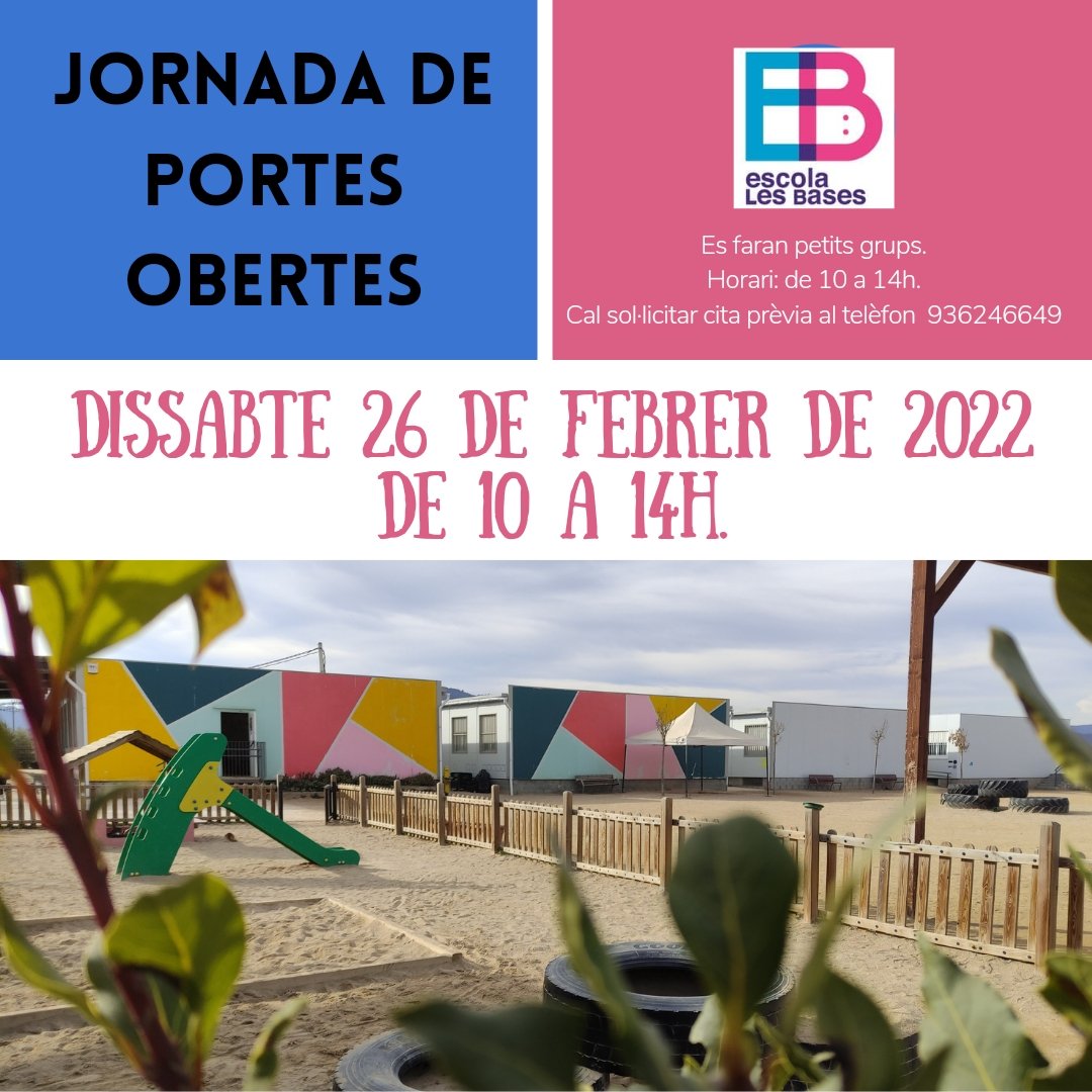 Jornada de portes obertes a l'escola. Us esperem dissabte dia 26 de febrer de 10 a 14h. Cal que reserveu cita prèvia al telèfon 936246649. #portesobertesalescola