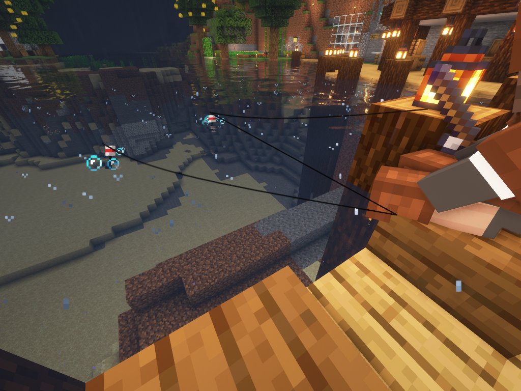 Skylusion's tweet photo. When Fishing together with someone near the lines get awkward trying to connect to the other floater.  MC Java 1.18.1 #minecraftbug @Minecraft @xisumavoid @kingbdogz https://t.co/kMVbY9Vhr4