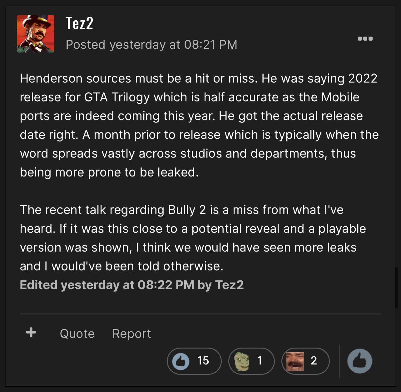 Bully 2 Source on X: Tez2, a very reliable person in the Rockstar Games  community gave his thoughts about Tom Henderson's recent Bully 2 claims.  While Tom has been somewhat right in